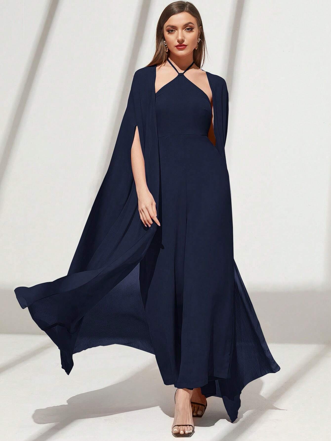Buy SHEIN Modely Solid Color Casual Halter Neck Dress And Open Front Coat in Pakistan