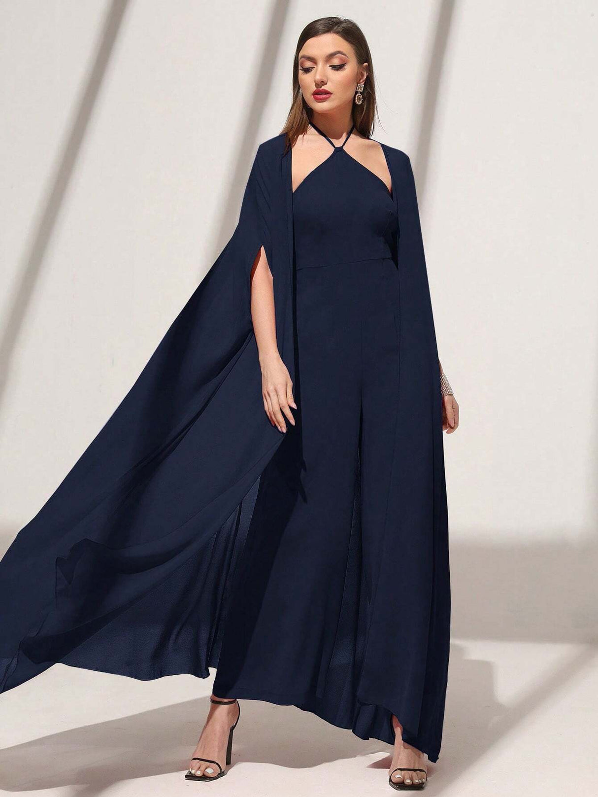 Buy SHEIN Modely Solid Color Casual Halter Neck Dress And Open Front Coat in Pakistan