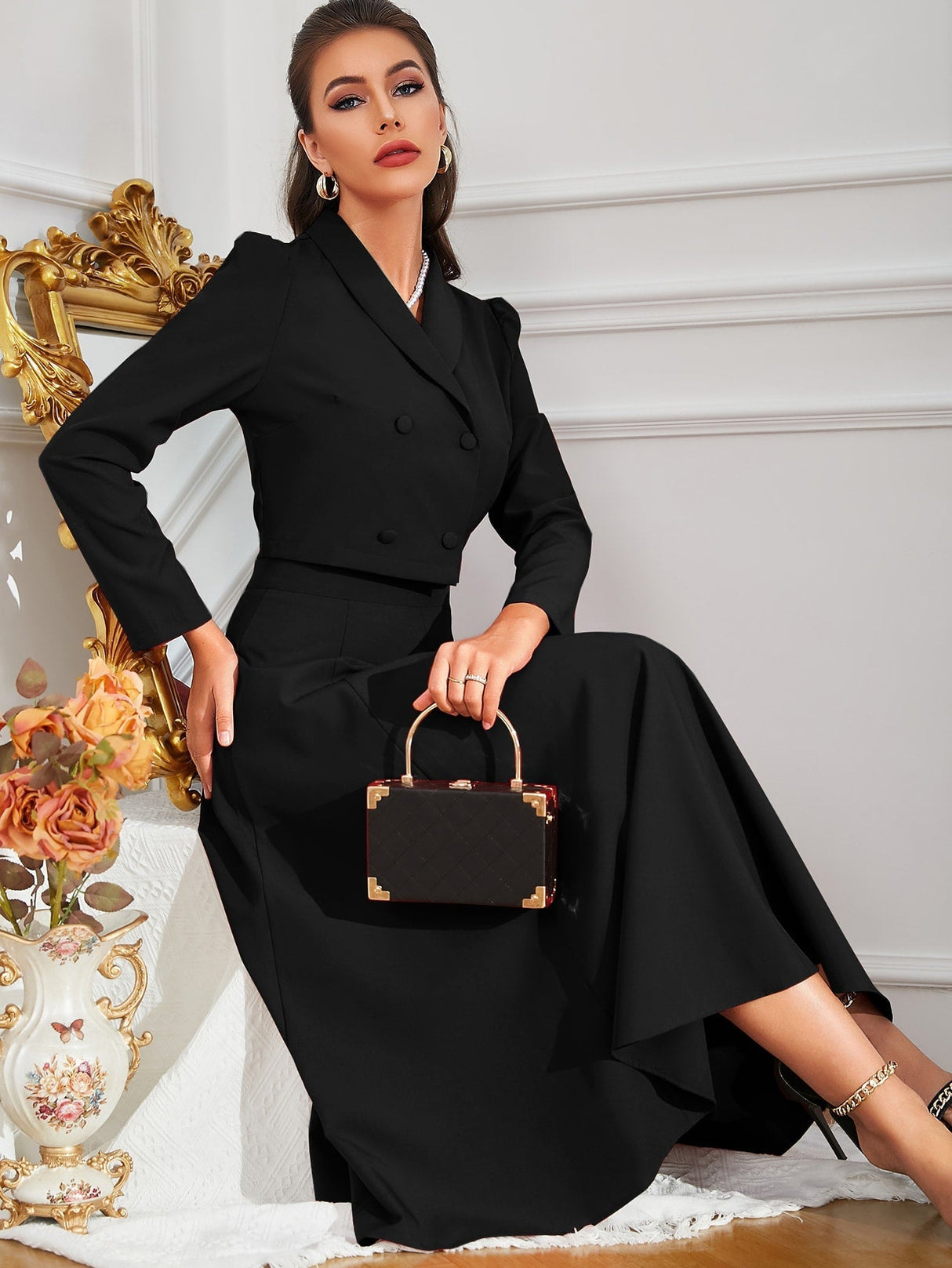 Buy SHEIN Modely Solid Double Breasted Shawl Collar Blazer & Skirt in Pakistan