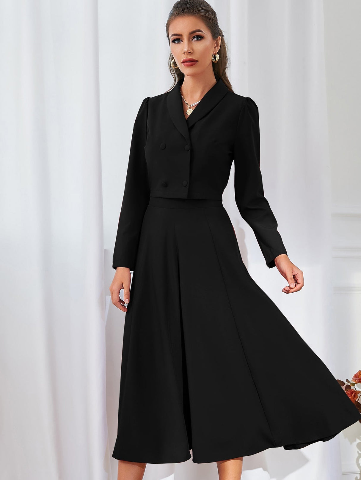 Buy SHEIN Modely Solid Double Breasted Shawl Collar Blazer & Skirt in Pakistan
