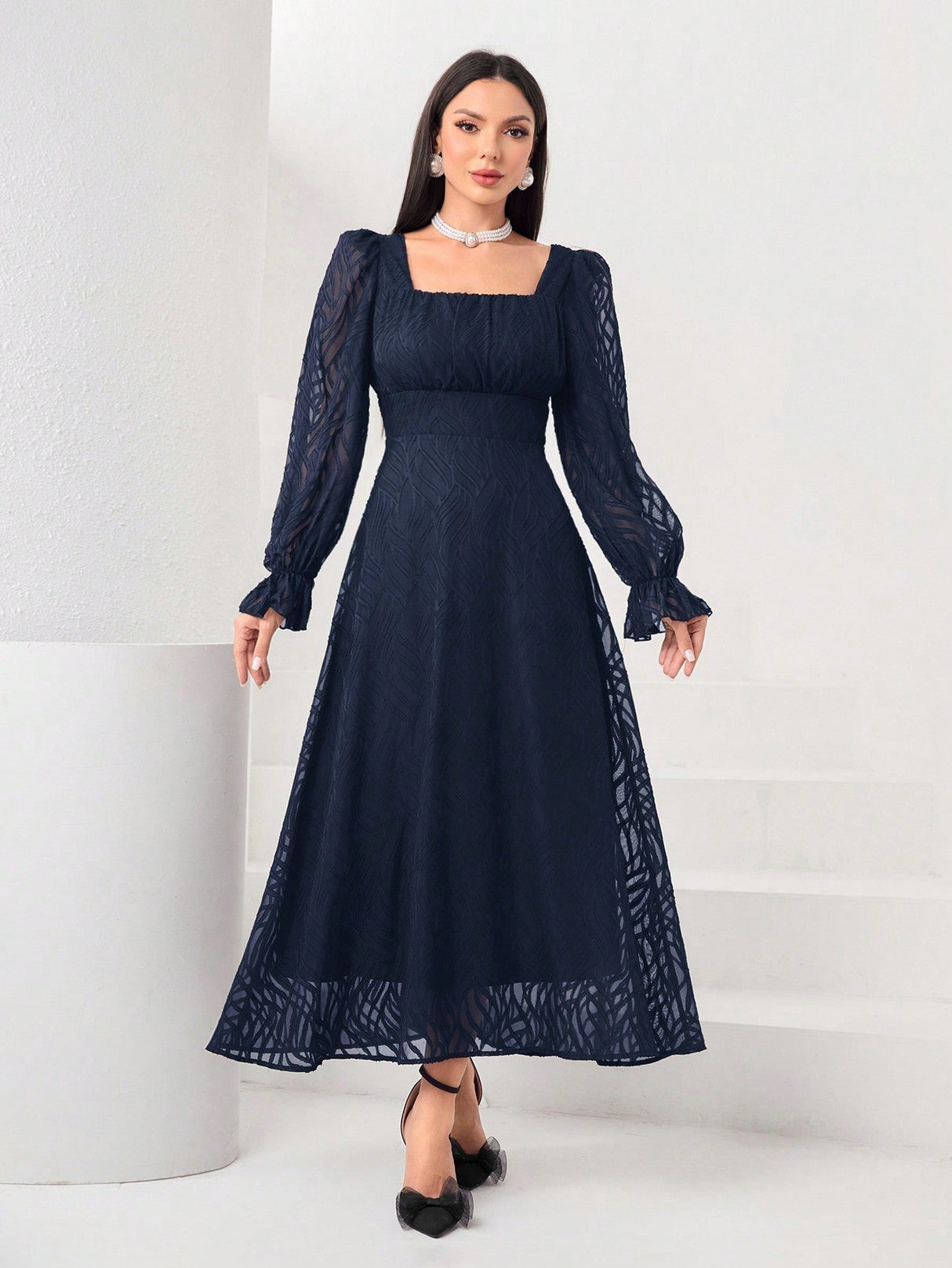 Buy SHEIN Modely Square Neck Flounce Sleeve A-line Dress in Pakistan