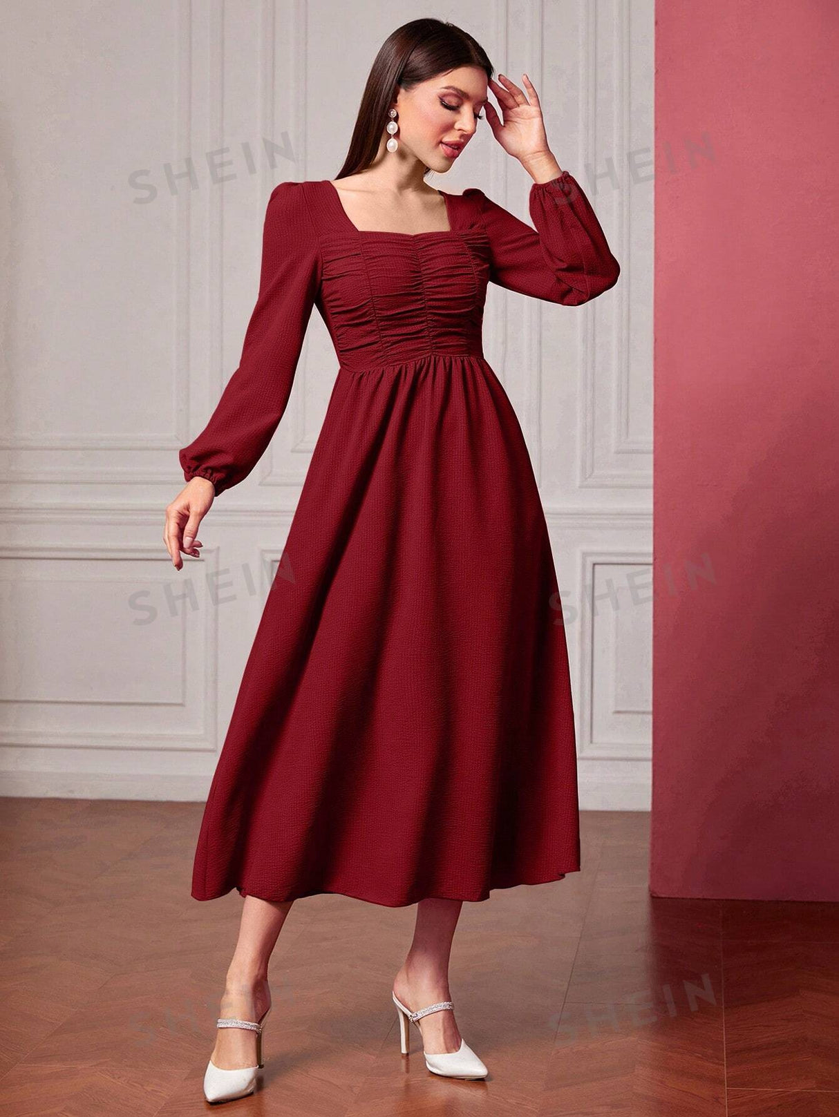 Buy SHEIN Modely Square Neck Ruched Front Lantern Sleeve Dress in Pakistan