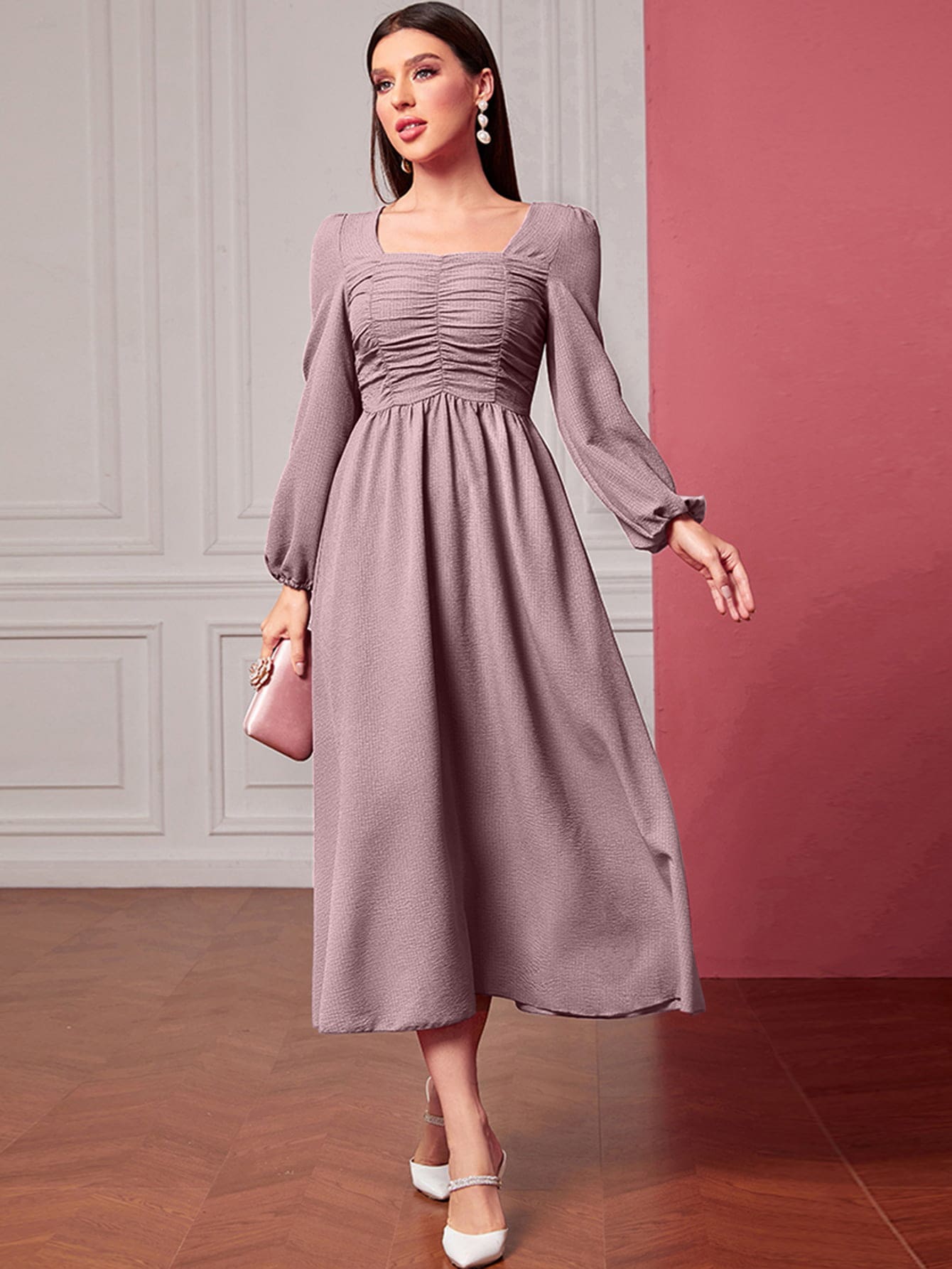 Buy SHEIN Modely Square Neck Ruched Lantern Sleeve Dress in Pakistan