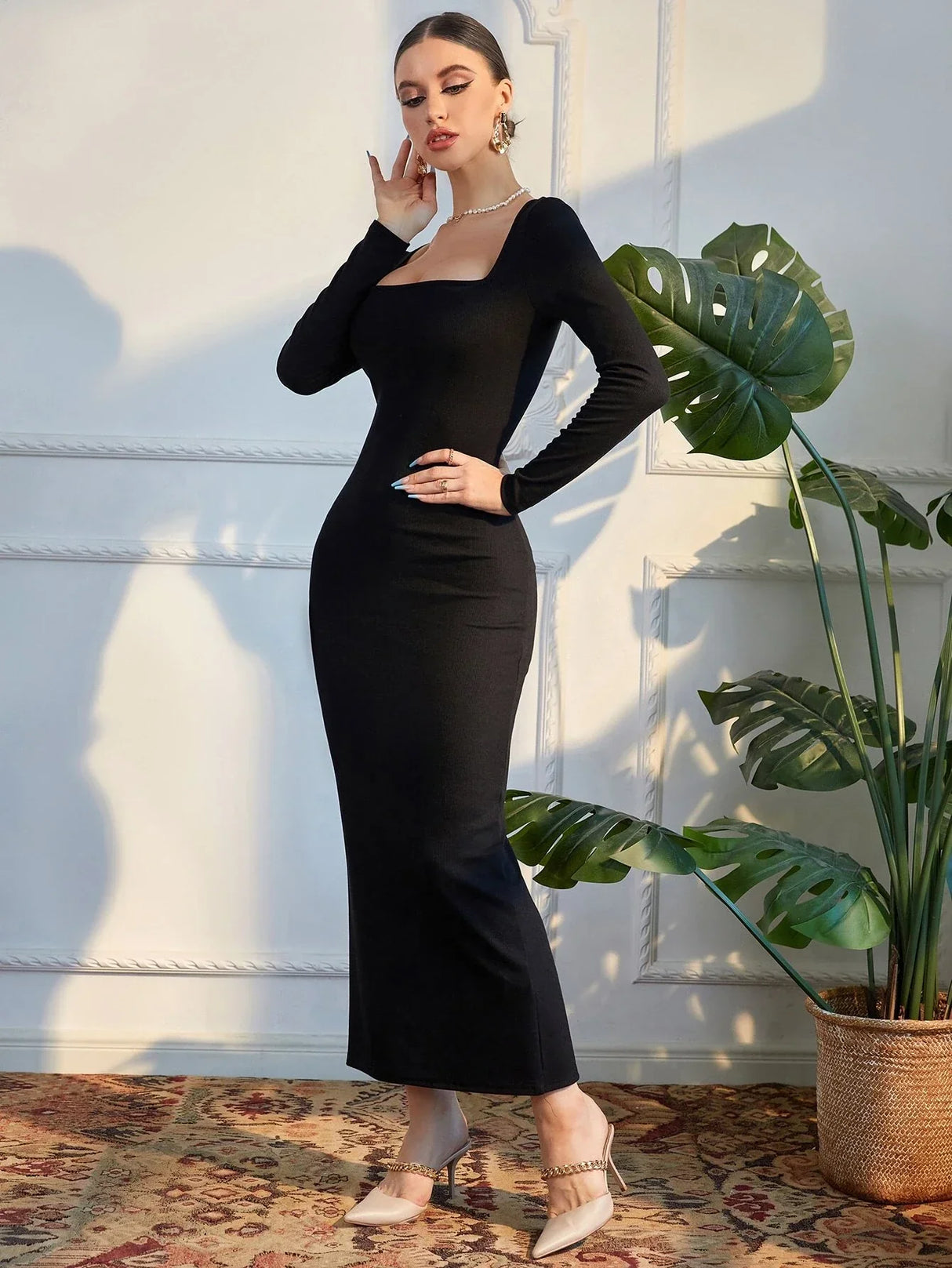 Buy SHEIN Modely Square Neck Split Back Bodycon Dress in Pakistan