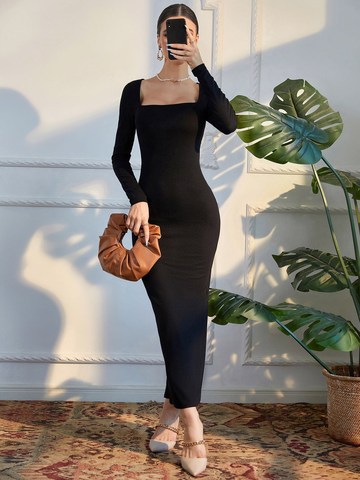 Buy SHEIN Modely Square Neck Split Back Bodycon Dress in Pakistan