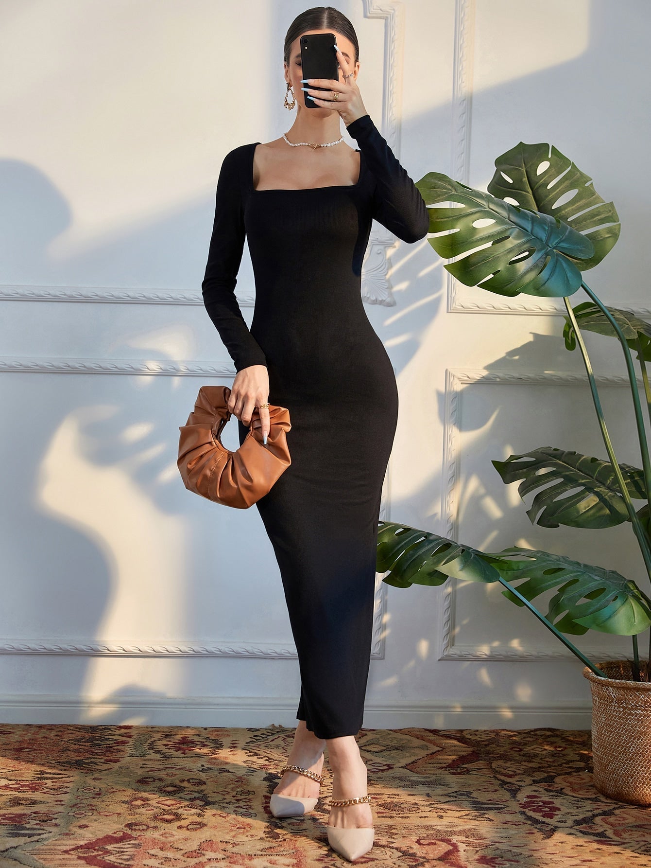 Buy SHEIN Modely Square Neck Split Back Bodycon Dress in Pakistan