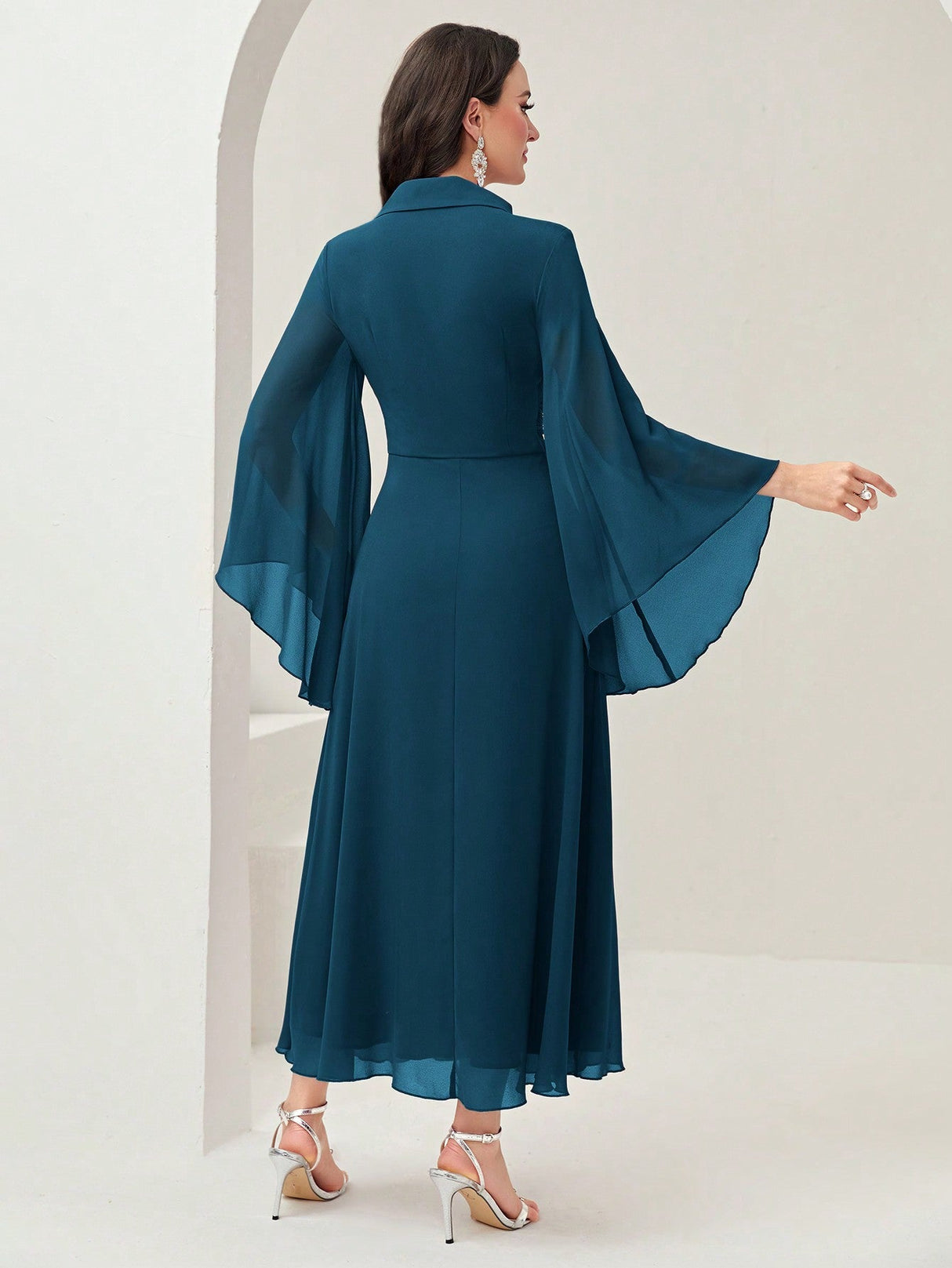 Buy SHEIN Modely Surplice Neck Flounce Sleeve Ruched Waist Dress in Pakistan