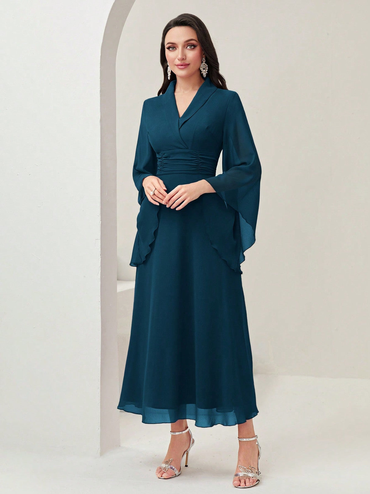 Buy SHEIN Modely Surplice Neck Flounce Sleeve Ruched Waist Dress in Pakistan