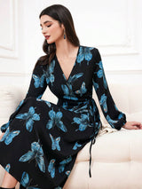 Buy SHEIN Modely Women's Butterfly Print Lantern Sleeve Wrap Tie Dress in Pakistan