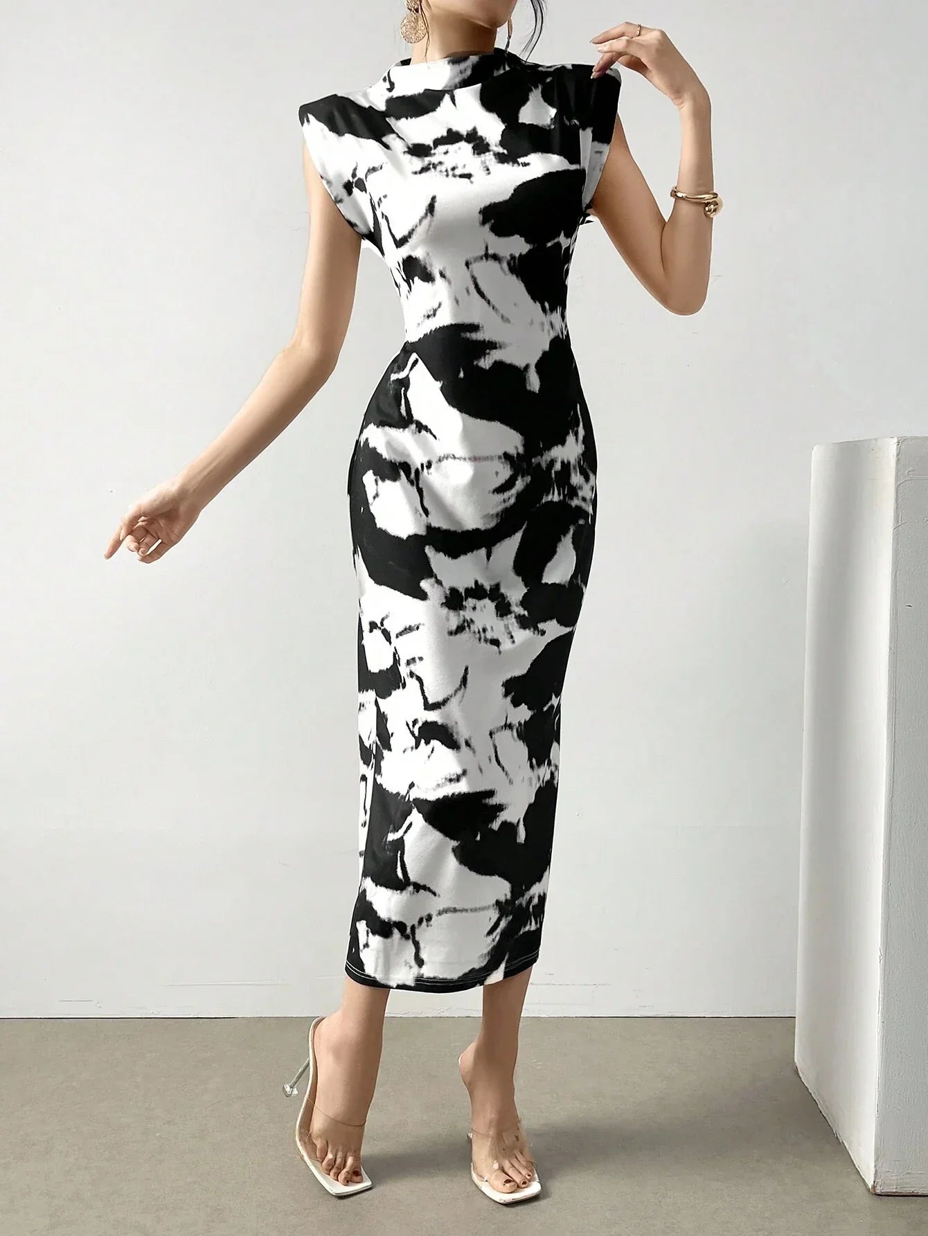 Buy SHEIN Modely Women's Tie-Dye Stand Collar Short Sleeve Dress With Pleats, Slim Fit And Elegant For Summer in Pakistan