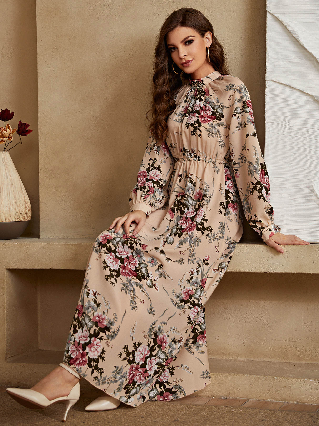 Buy SHEIN Mulvari Allover Floral Mock Neck Keyhole Back Dress in Pakistan