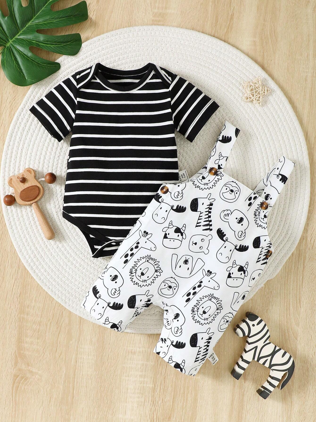 Buy SHEIN Newborn Baby Boys' Striped Knit Comfortable Romper And Cute Animal Printed Dungaree Set For Summer in Pakistan