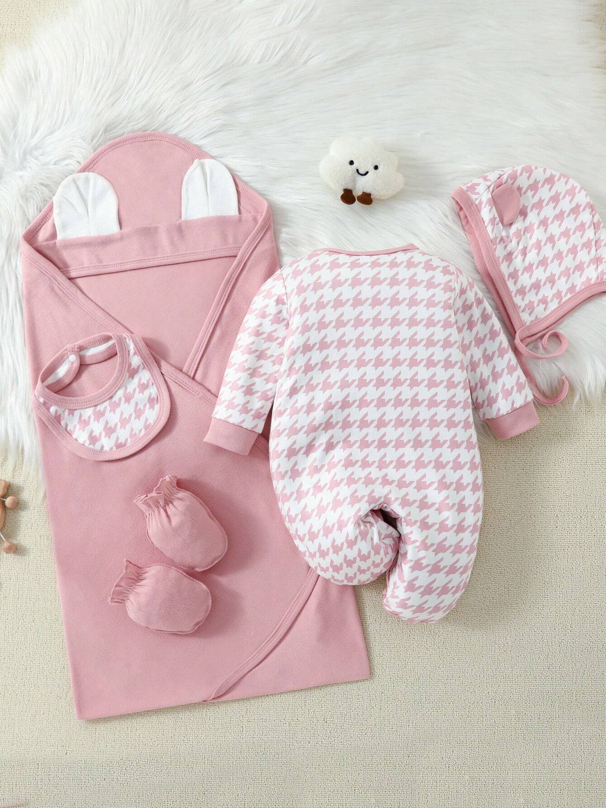 Buy SHEIN Newborn Baby Girls' Pink Gingham Print 3d Shaped Hat, Towel, Footed Jumpsuit, And Bodysuit Set With Gift Box in Pakistan
