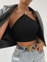Buy SHEIN Privé Chain Detail Backless Crop Halter Knit Top in Pakistan