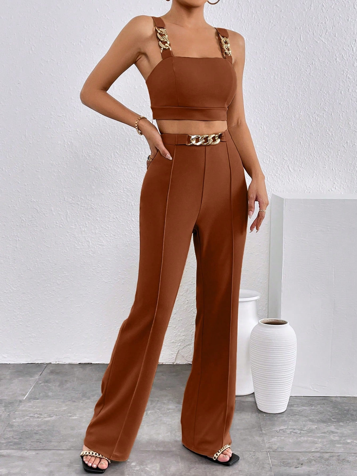 Buy SHEIN Chain Detail Cami Top & Flare Leg Pants in Pakistan