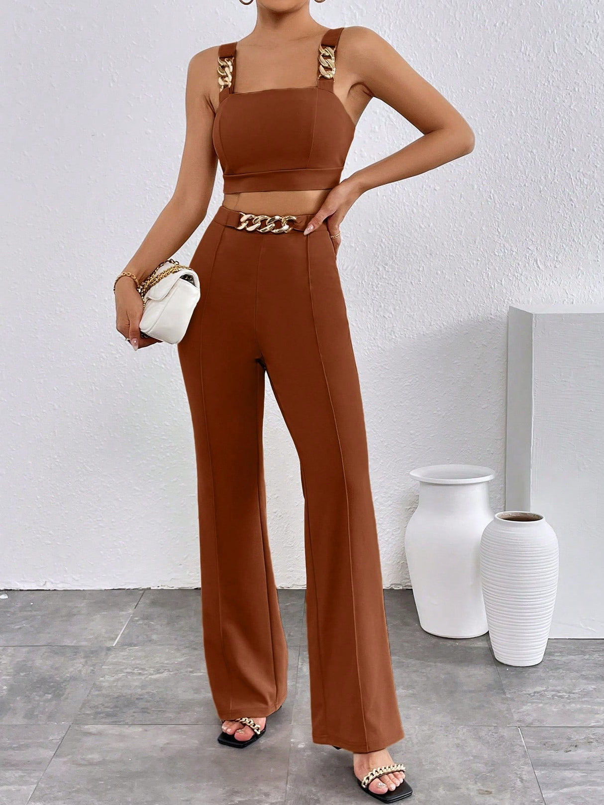 Buy SHEIN Chain Detail Cami Top & Flare Leg Pants in Pakistan
