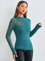Buy SHEIN Priv̩ Contrast Lace Mock Neck Tee in Pakistan