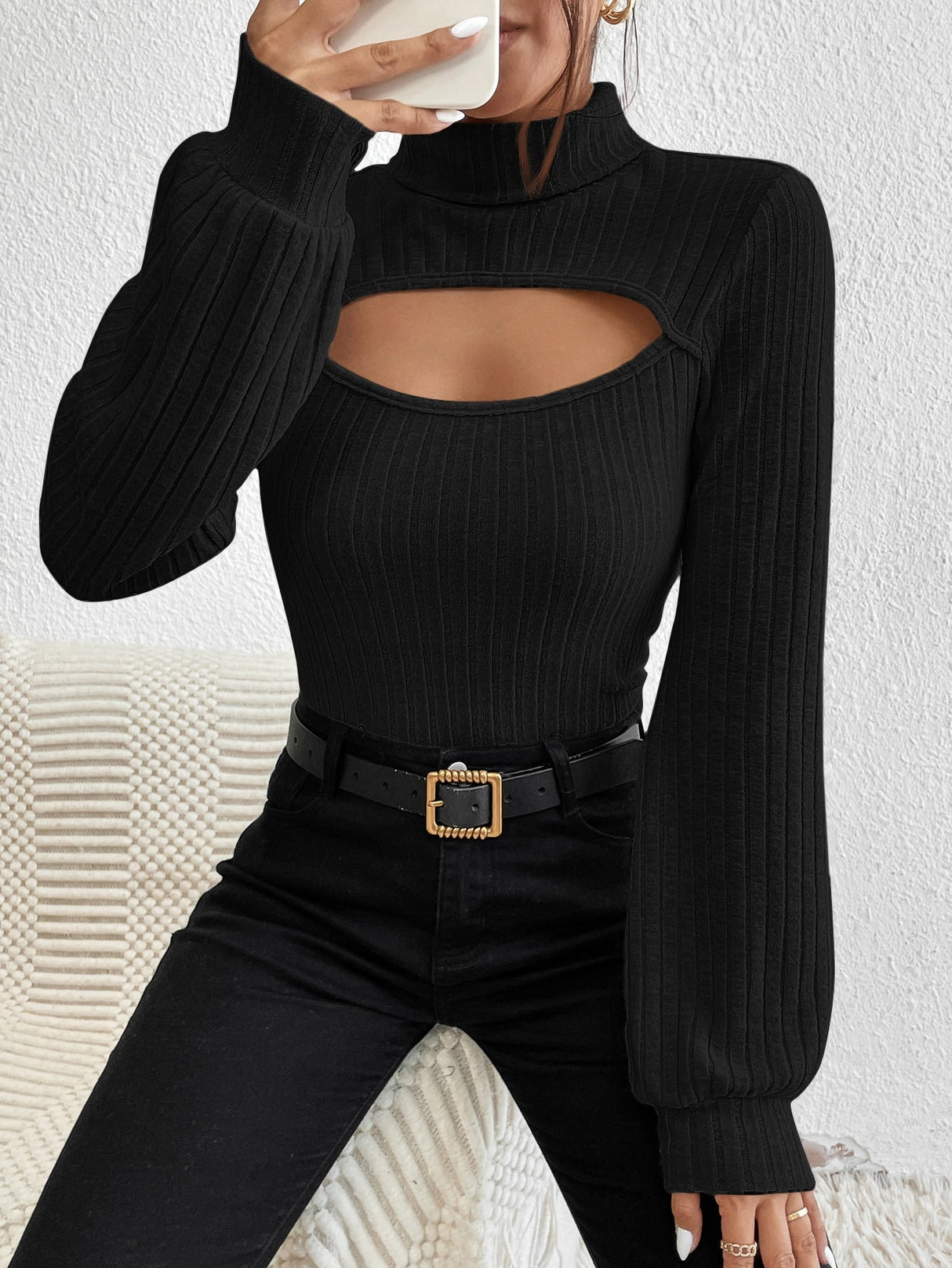 Buy SHEIN Priv̩ Cut Out Mock Neck Lantern Sleeve Tee in Pakistan