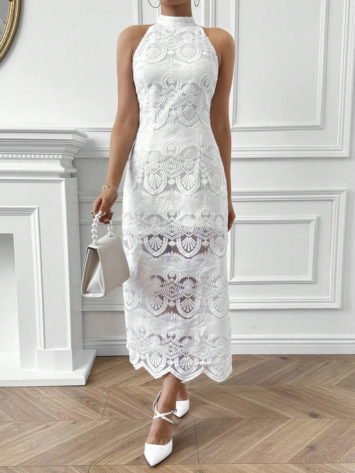 Buy SHEIN Privé Elegant Lace Halter Neck Slim Fit Midi Dress For Wedding Party Or Elegant Gatherings in Pakistan