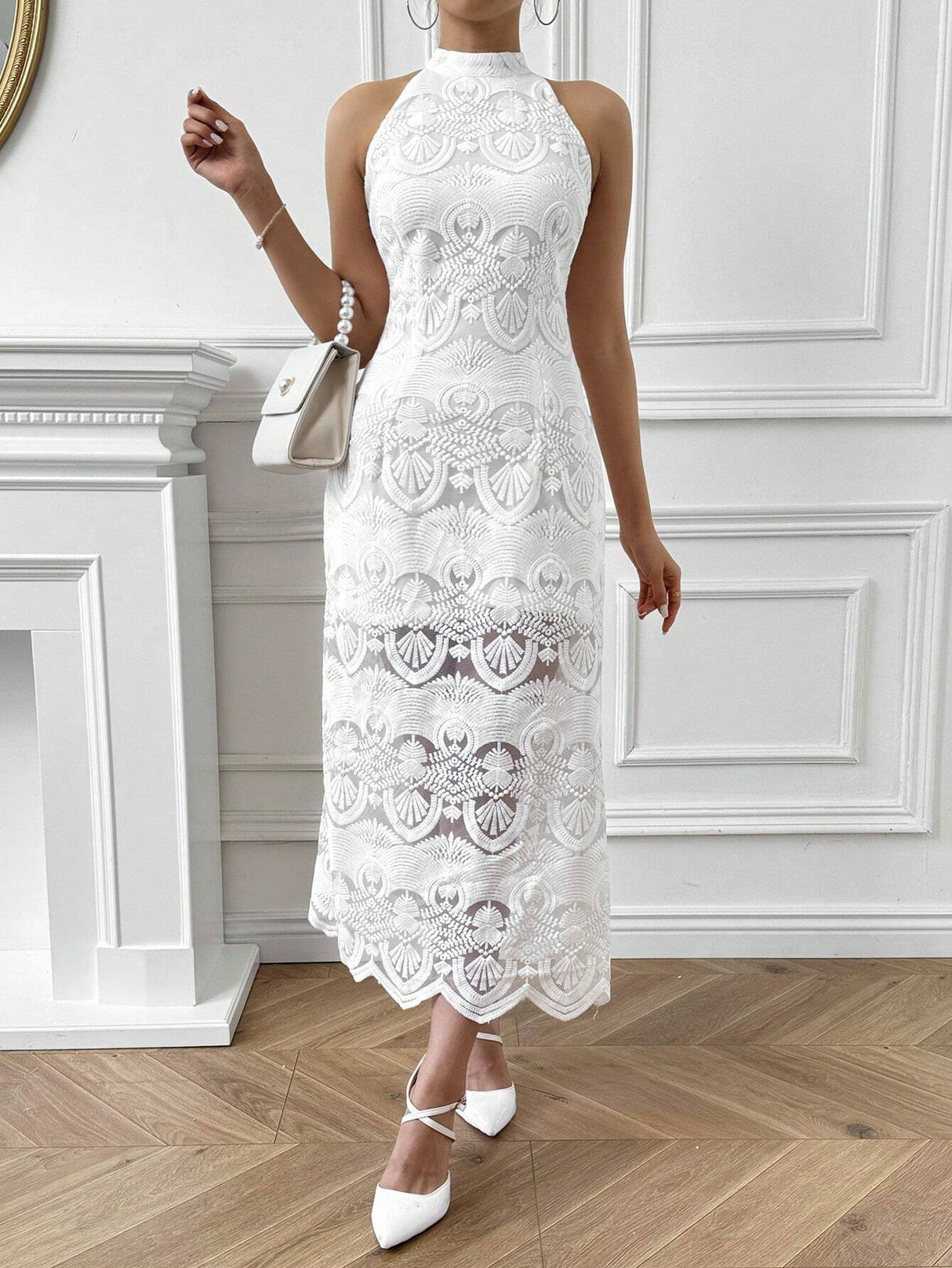 Buy SHEIN Privé Elegant Lace Halter Neck Slim Fit Midi Dress For Wedding Party Or Elegant Gatherings in Pakistan