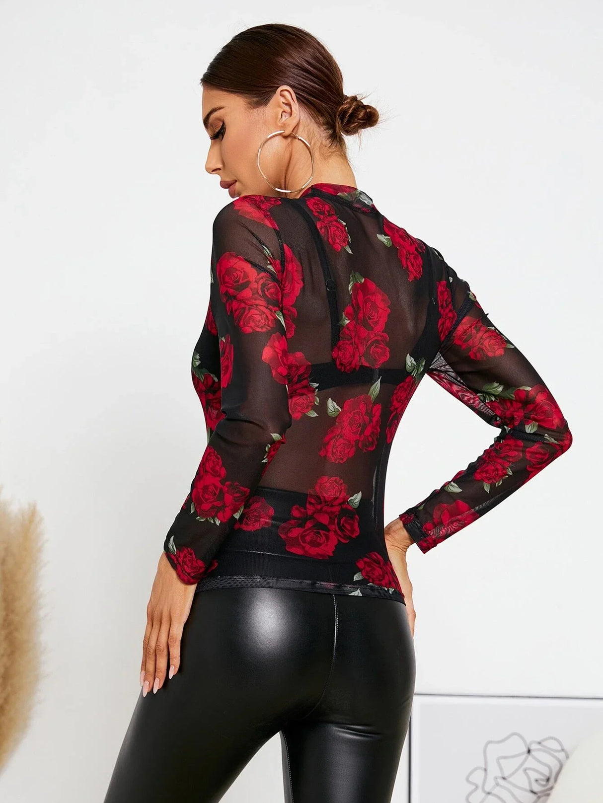 Buy SHEIN Privé Floral Print Crew Neck Mesh Top Without Bra in Pakistan