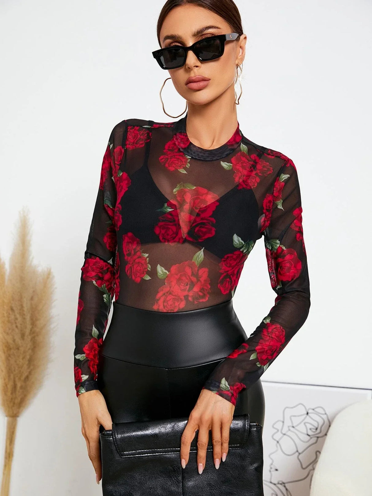 Buy SHEIN Privé Floral Print Crew Neck Mesh Top Without Bra in Pakistan