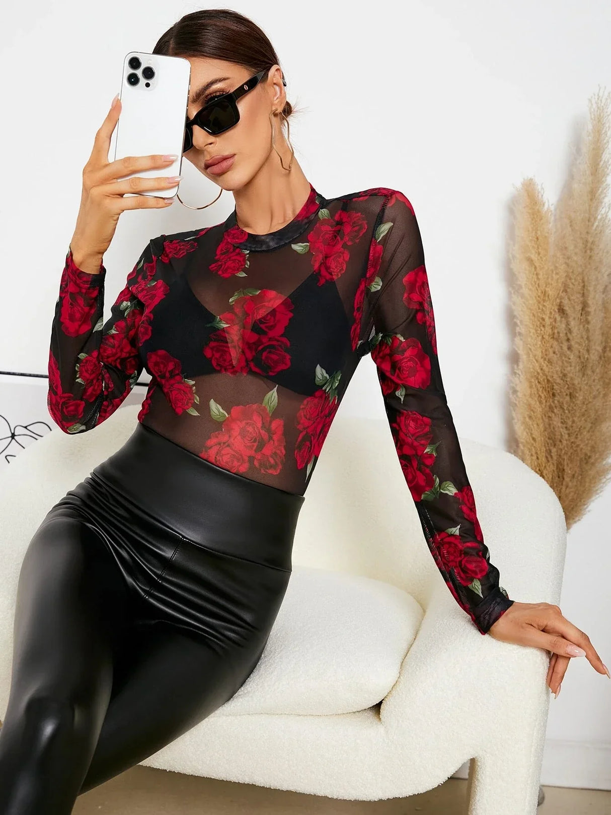 Buy SHEIN Privé Floral Print Crew Neck Mesh Top Without Bra in Pakistan