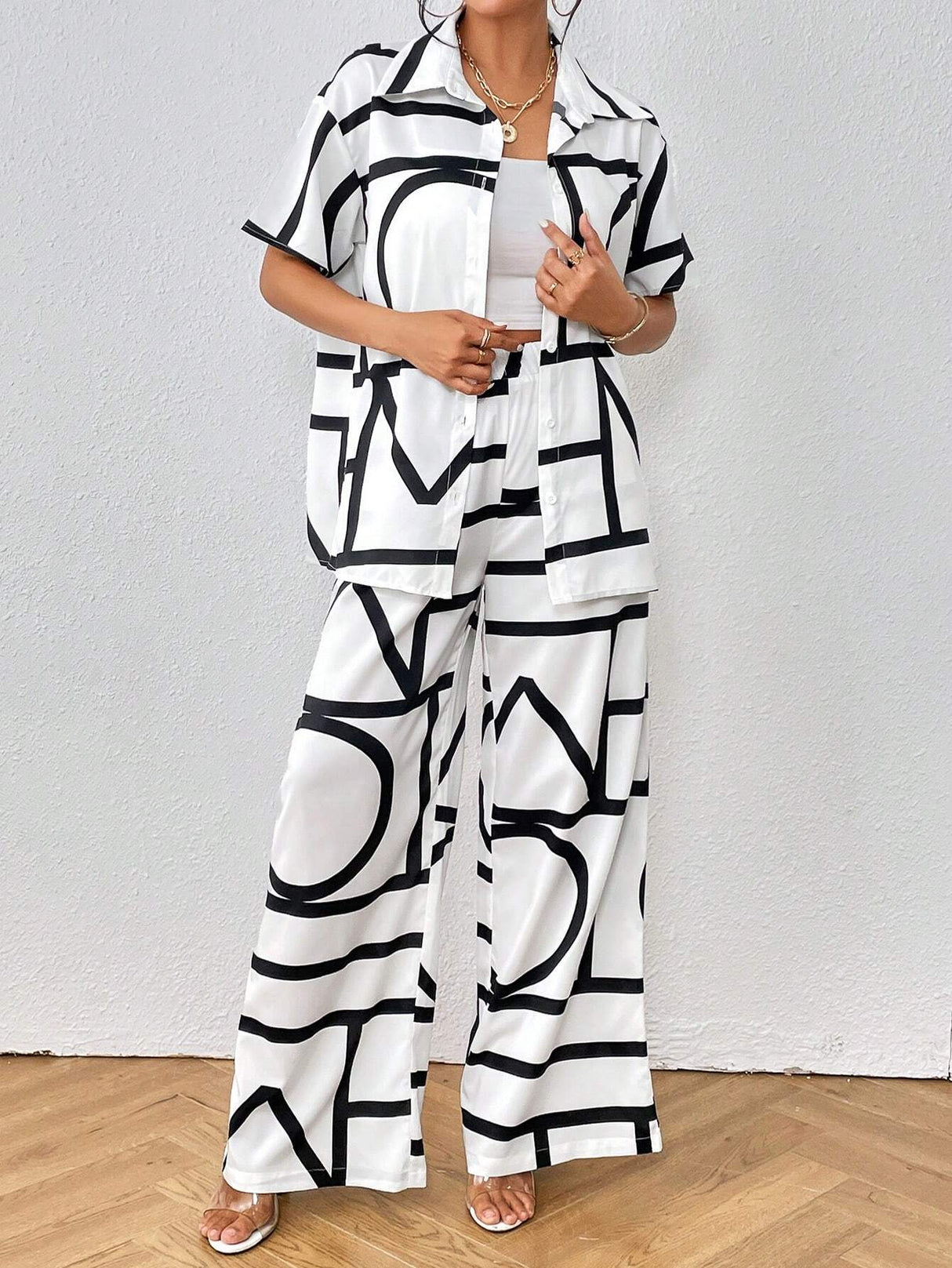 Buy SHEIN Privé Geo Print Shirt & Wide Leg Pants in Pakistan