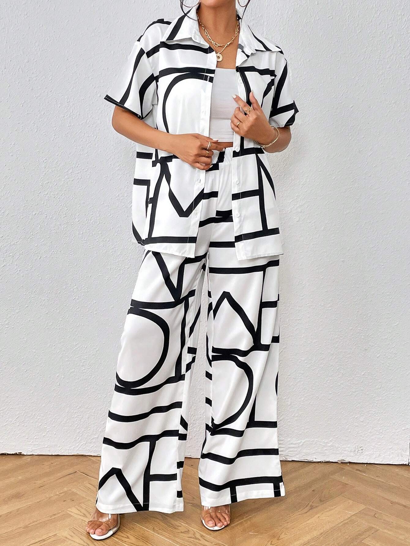 Buy SHEIN Privé Geo Print Shirt & Wide Leg Pants in Pakistan