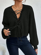 Buy SHEIN Privé Lace Up Front Drop Shoulder Sweater in Pakistan