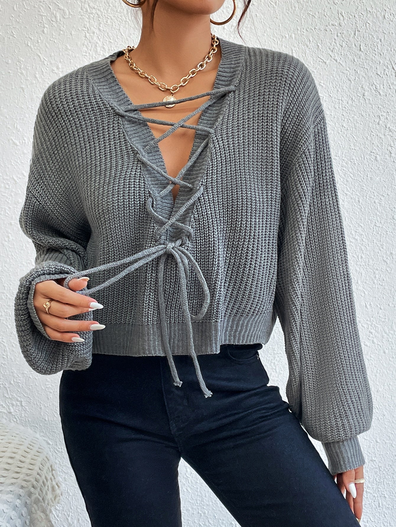 Buy SHEIN Privé Lace Up Front Drop Shoulder Sweater in Pakistan