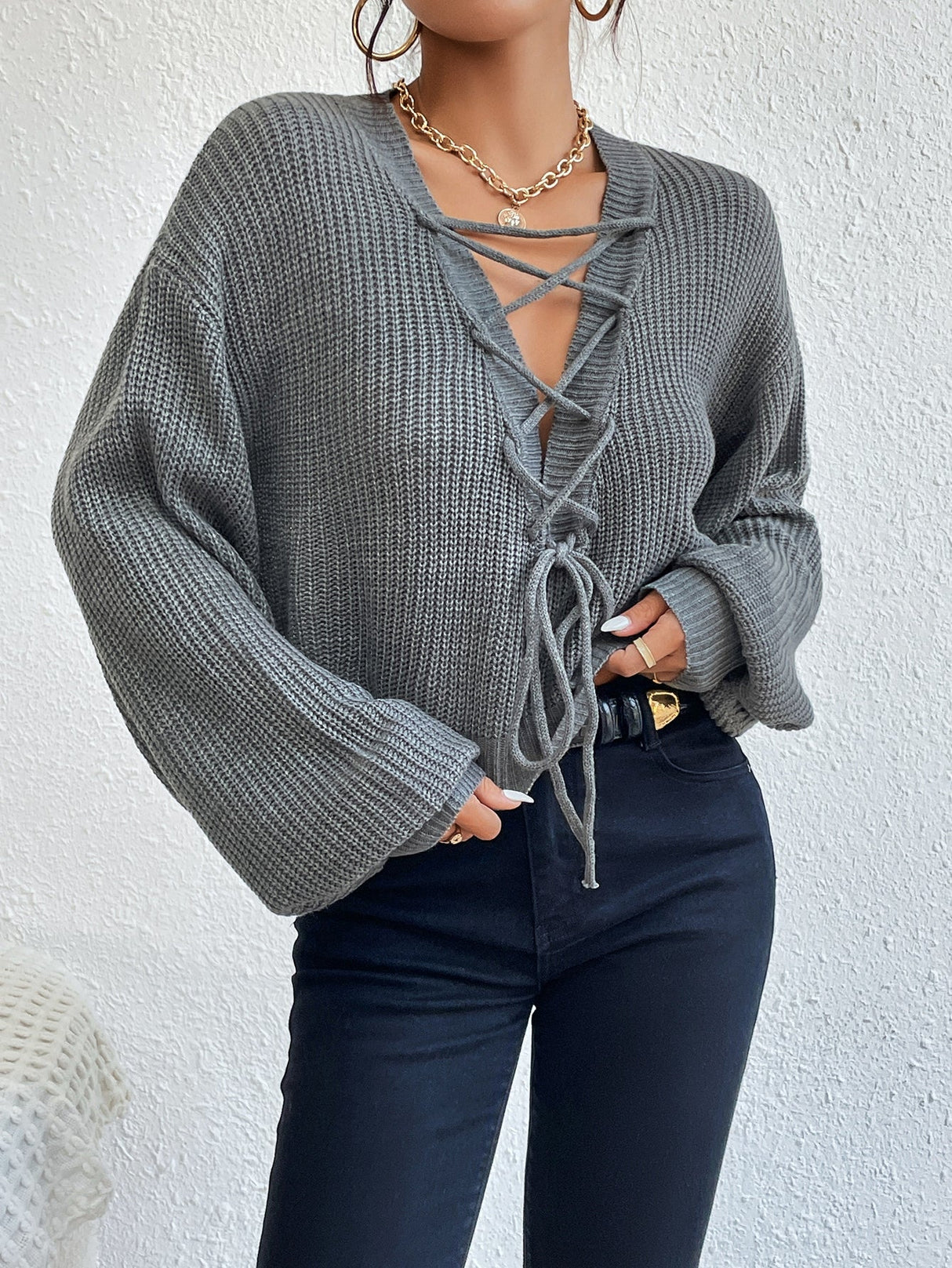Buy SHEIN Privé Lace Up Front Drop Shoulder Sweater in Pakistan