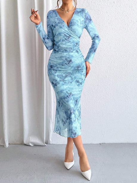 Buy SHEIN Priv̩ Ladies' Tie-Dye Mesh Wrap Neck Long Sleeve Dress in Pakistan