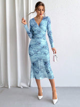 Buy SHEIN Priv̩ Ladies' Tie-Dye Mesh Wrap Neck Long Sleeve Dress in Pakistan