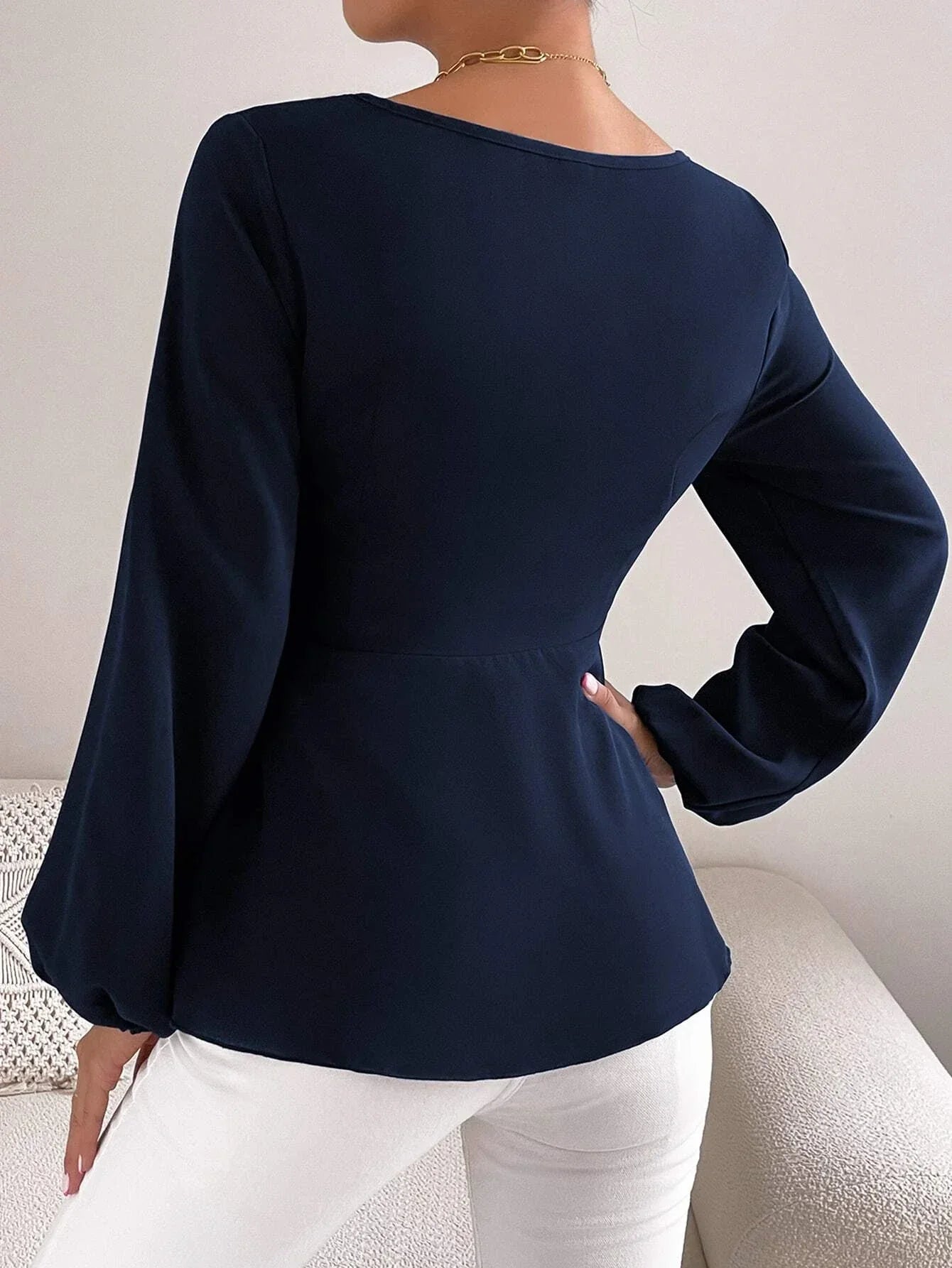 Buy SHEIN Priv̩ Lantern Sleeve Tie Front Peplum Blouse in Pakistan