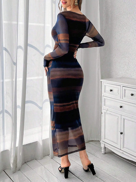 Buy SHEIN Priv̩ Mesh Gradient Print Pleated Bodycon Dress in Pakistan
