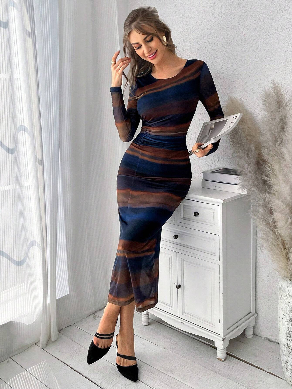 Buy SHEIN Priv̩ Mesh Gradient Print Pleated Bodycon Dress in Pakistan