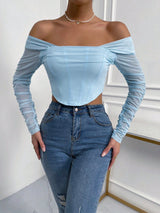 Buy SHEIN Priv̩ Off Shoulder Ruched Mesh Crop Top in Pakistan