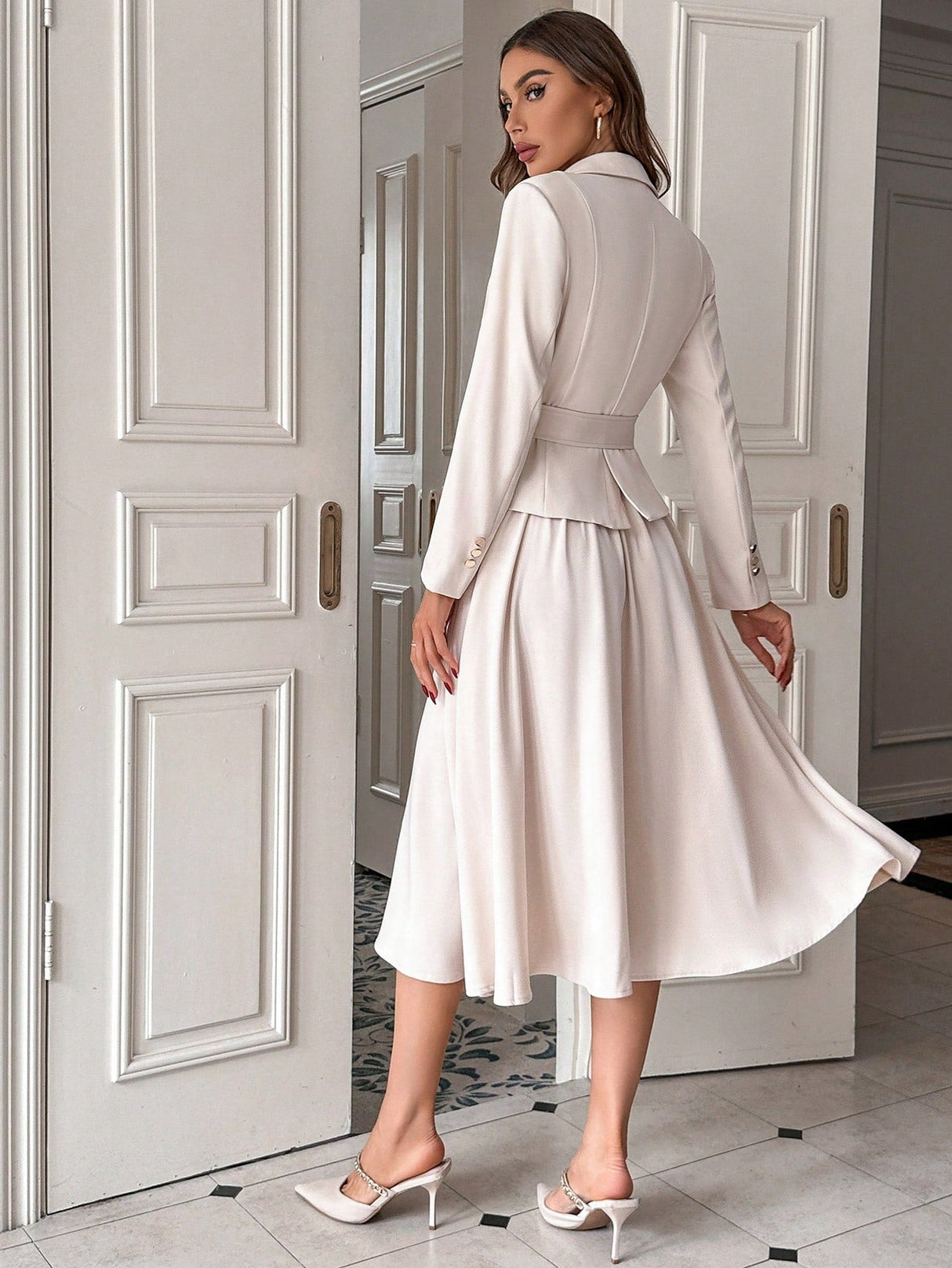 Buy SHEIN Privé Peak Collar Buckle Belted Blazer & Flare Skirt in Pakistan