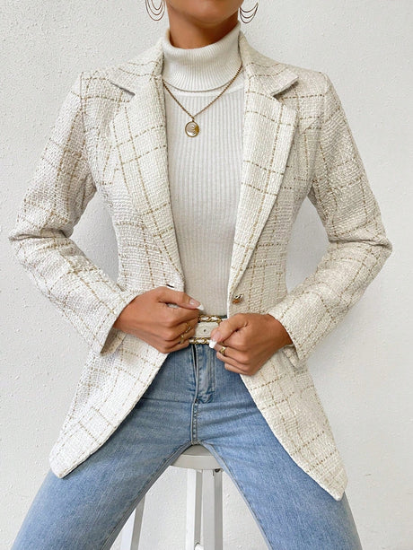 Buy SHEIN Priv̩ Plaid Pattern Lapel Neck Single Button Tweed Blazer in Pakistan