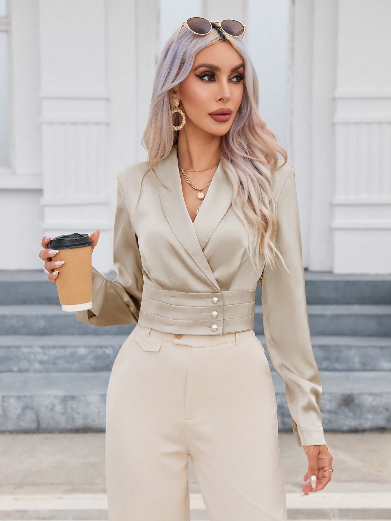 Buy SHEIN Priv̩ Shawl Collar Button Front Crop Blouse in Pakistan