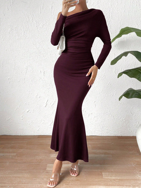 Buy SHEIN Priv̩ Solid Asymmetrical Neck Ruched Mermaid Hem Dress in Pakistan