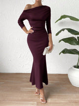 Buy SHEIN Priv̩ Solid Asymmetrical Neck Ruched Mermaid Hem Dress in Pakistan
