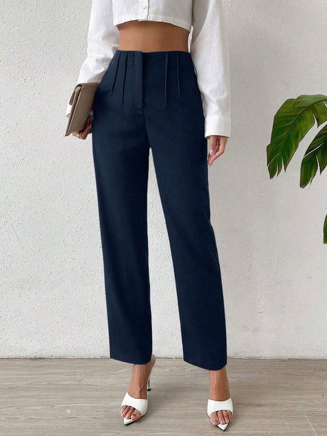 Buy SHEIN Privé Solid Fold Pleated Detail Straight Leg Pants in Pakistan