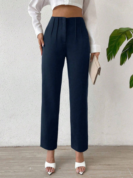 Buy SHEIN Privé Solid Fold Pleated Detail Straight Leg Pants in Pakistan