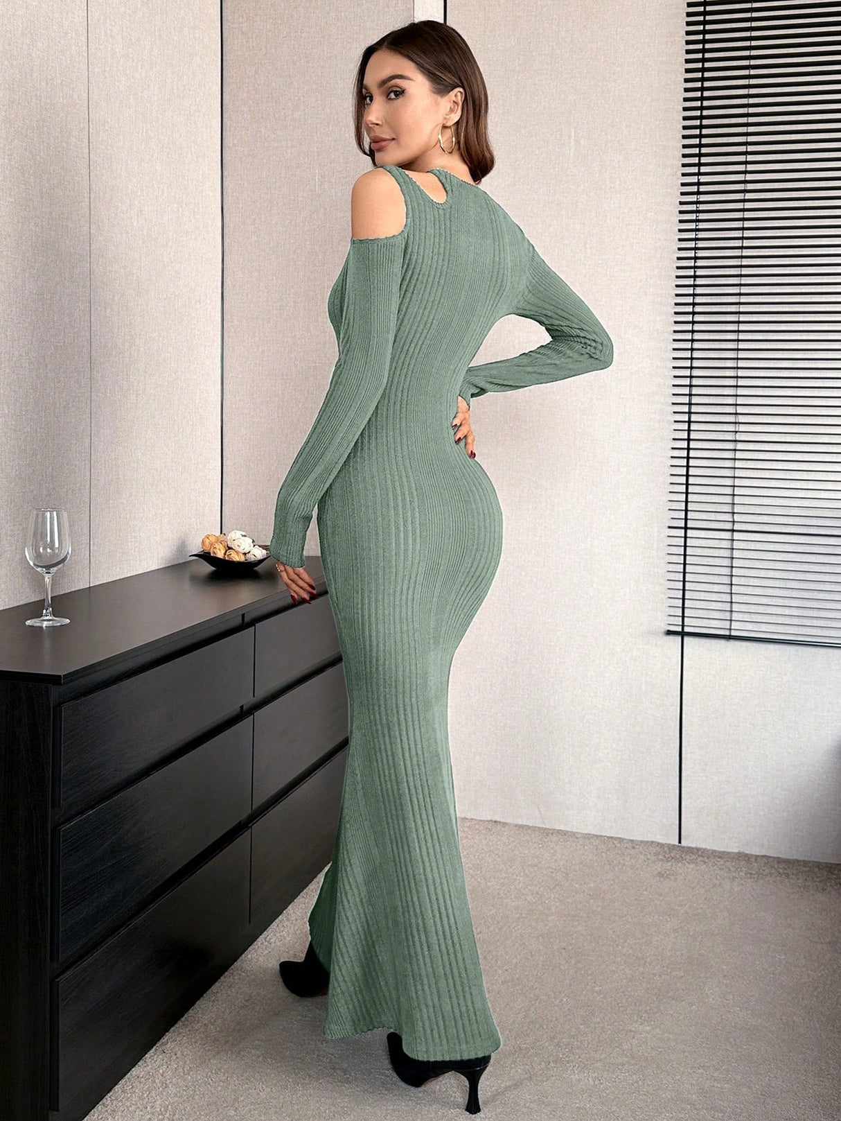 Buy SHEIN Priv̩ Solid Irregular Collar Long Sleeve Bodycon Dress in Pakistan