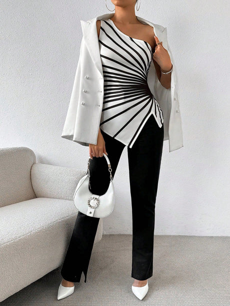 Buy SHEIN Priv̩ Striped Print One Shoulder Asymmetrical Top in Pakistan