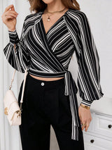 Buy SHEIN Priv̩ Women's Striped Print Raglan Sleeve Crop Tie Front Shirt in Pakistan