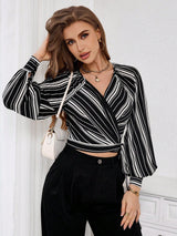 Buy SHEIN Priv̩ Women's Striped Print Raglan Sleeve Crop Tie Front Shirt in Pakistan