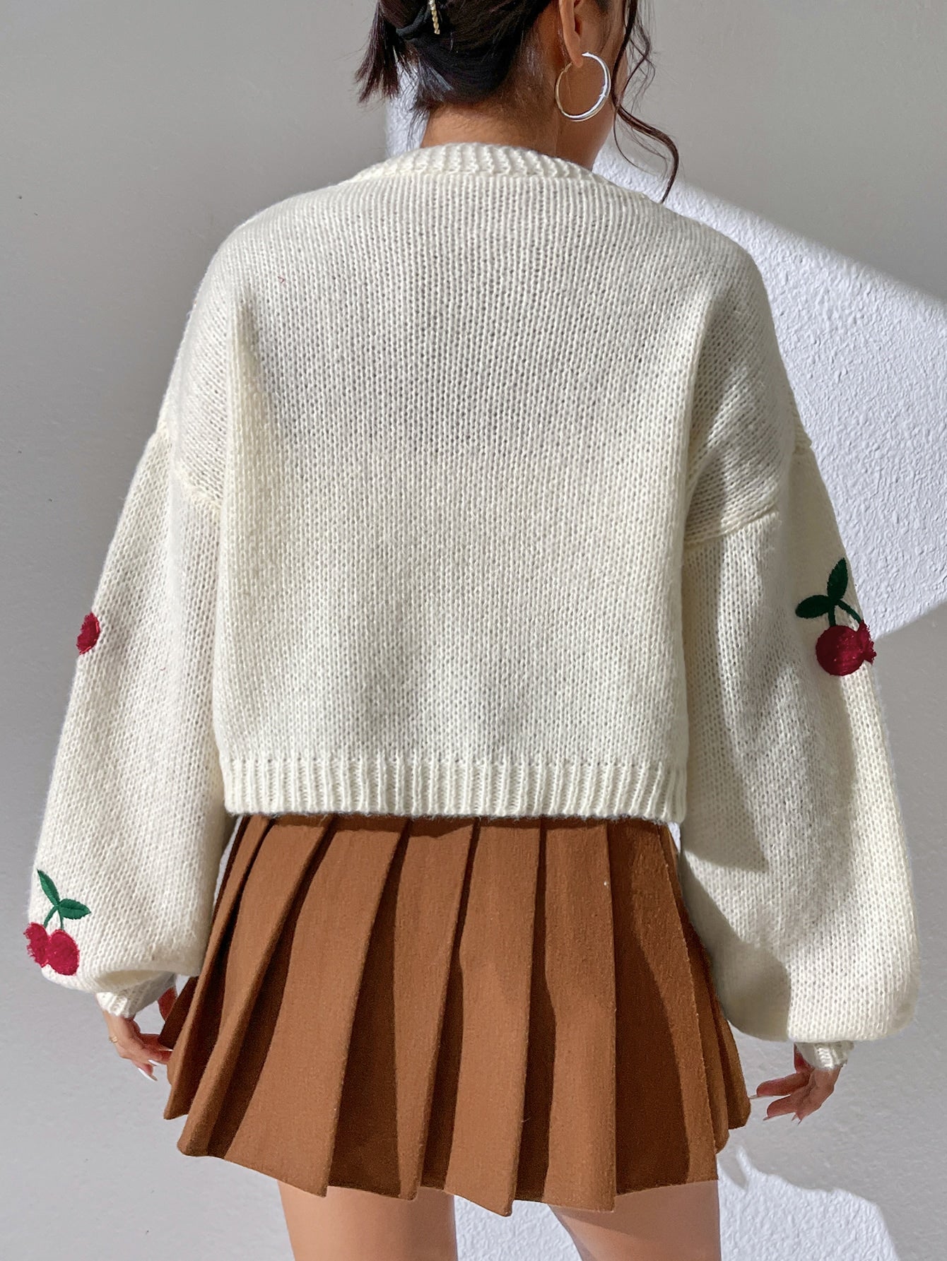 Buy SHEIN Qutie Cherry Embroidery Lantern Sleeve Cardigan in Pakistan